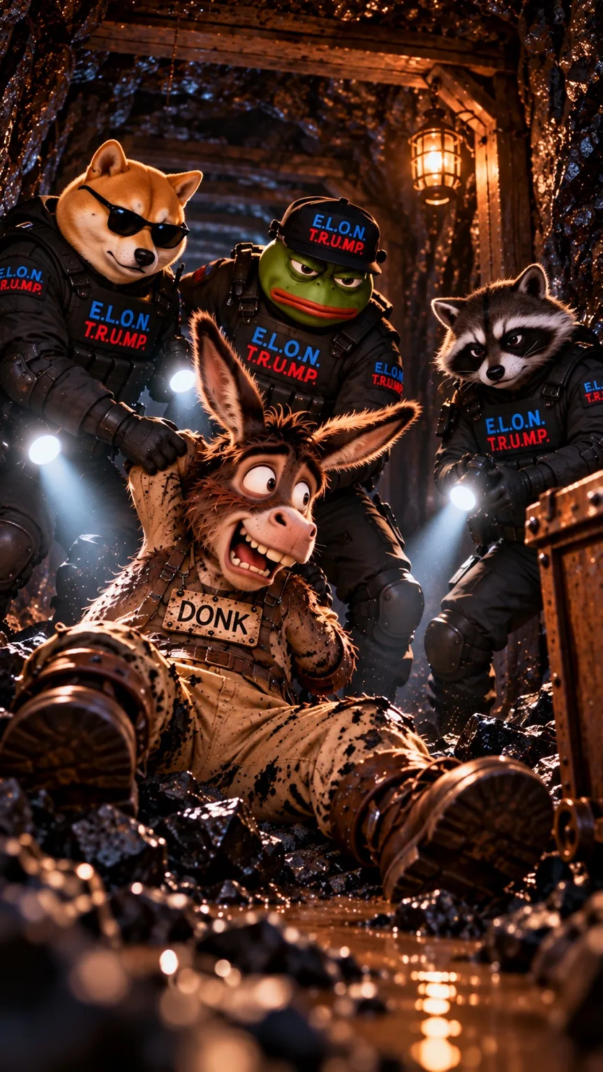 Donk being caught by the fictional lab agents in a coal mine