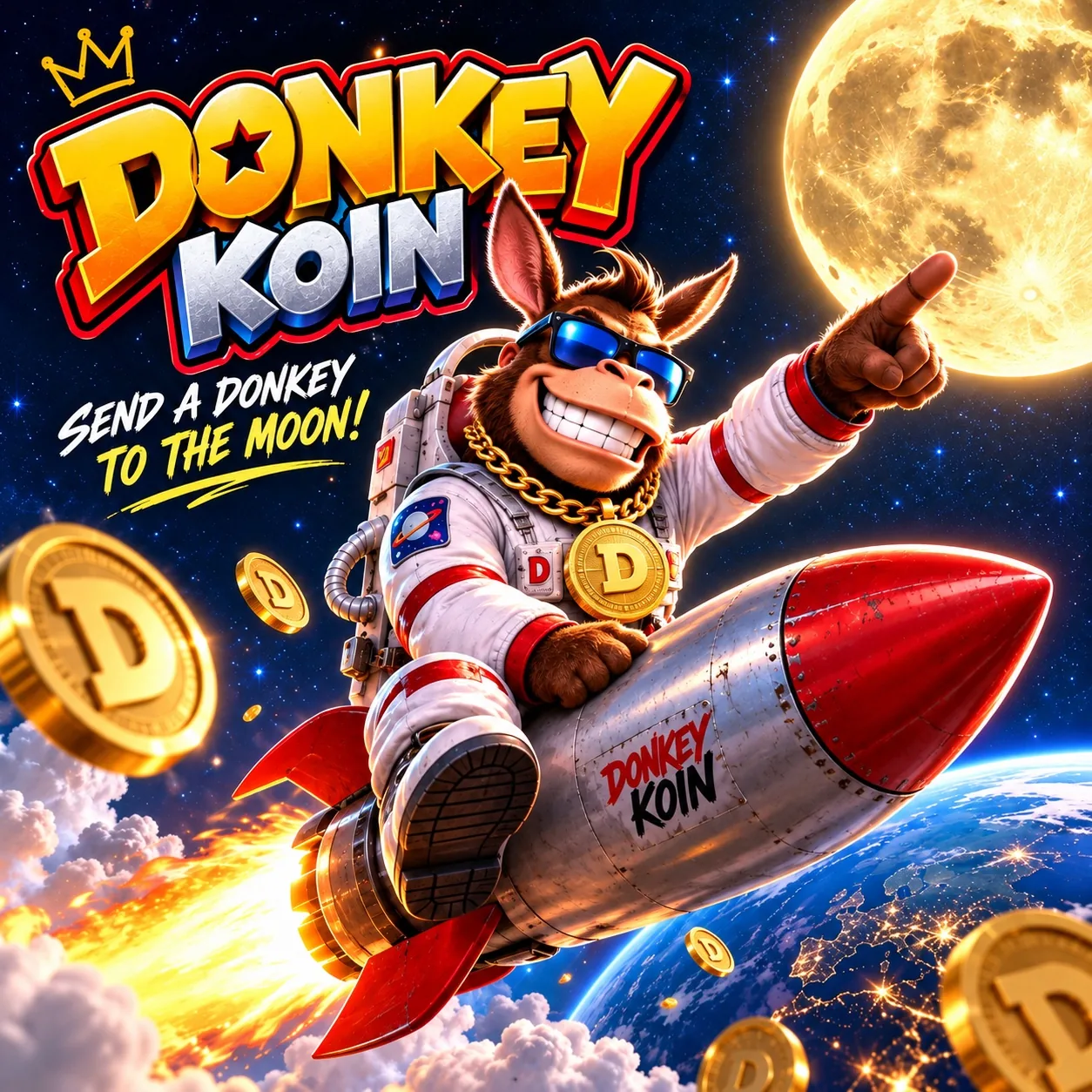 An imaginative future vision of Donk in astronaut gear riding a rocket toward the moon